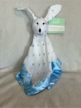 2013 Aden + Anais Bunny Muslin Lovey White w/Light Blue & Tan Stars Satin Trim